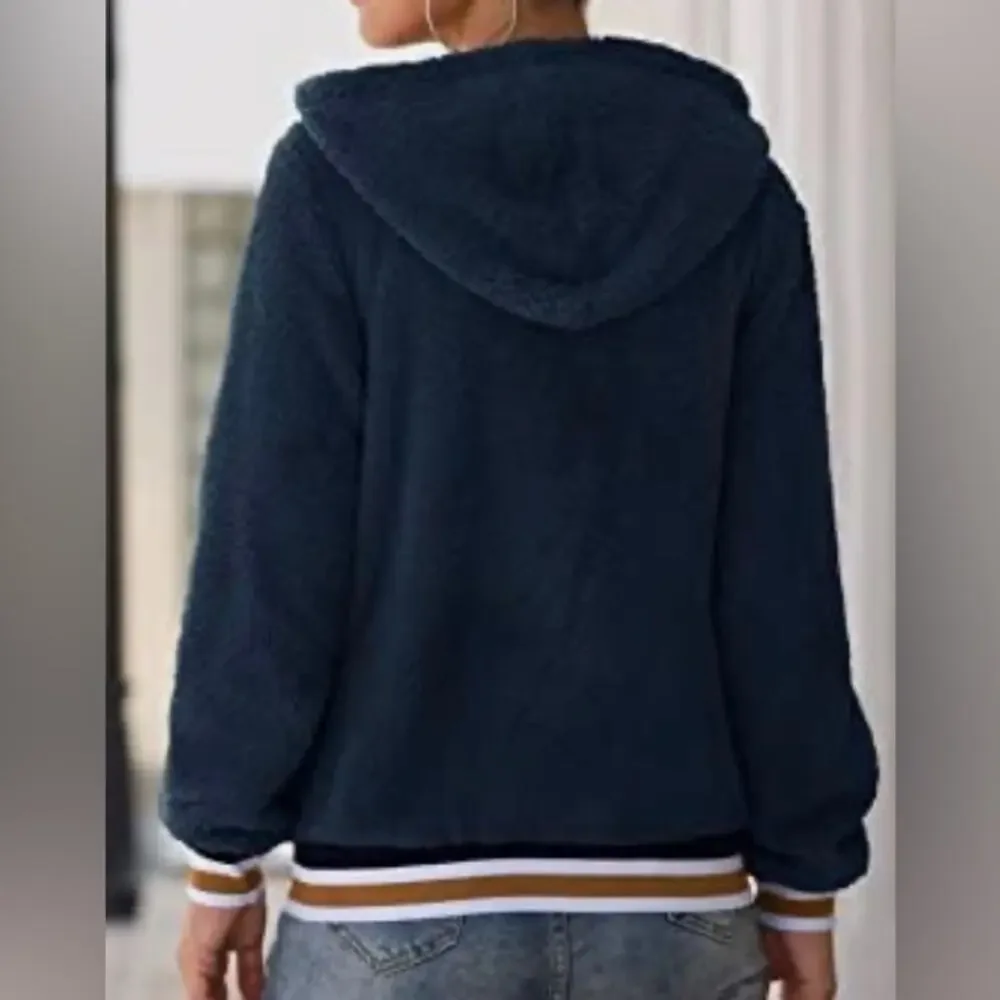 Women's Winter Fashion Warm Teddy Striped Zip Up Hooded Coat Sweatshirt Large